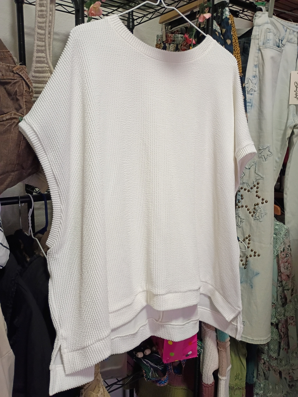 Women's White Knit Short-Sleeve Tunic Sweater